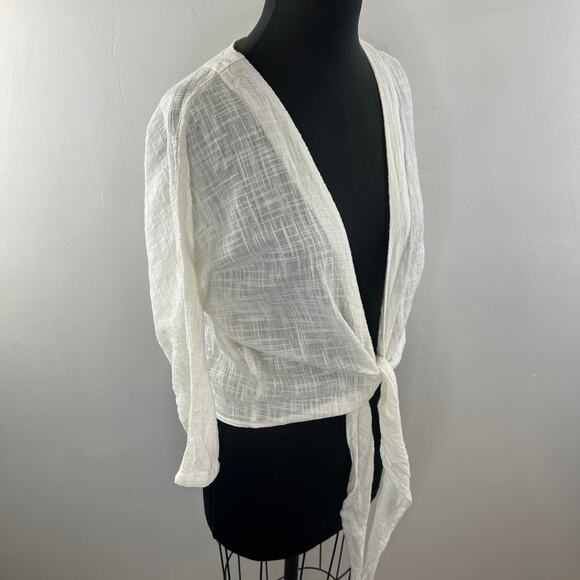 Gillia White Cropped Blouse Top Cotton Tie Front Ribbed V-Neck Size X-Small XS - Picture 4 of 8